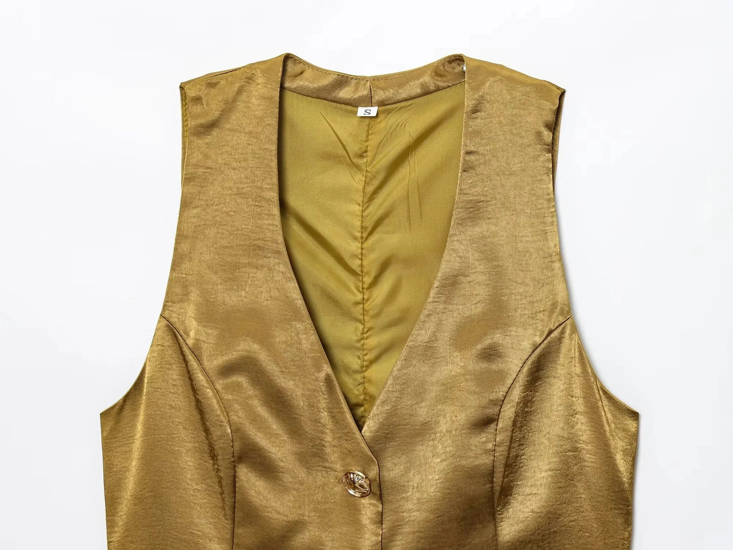 KONDALA Casual Chic Yellow Satin Women Suits V Neck Buttons Vest High Waist Wide Leg Pants Fashion 2025 Summer Holiday Suits