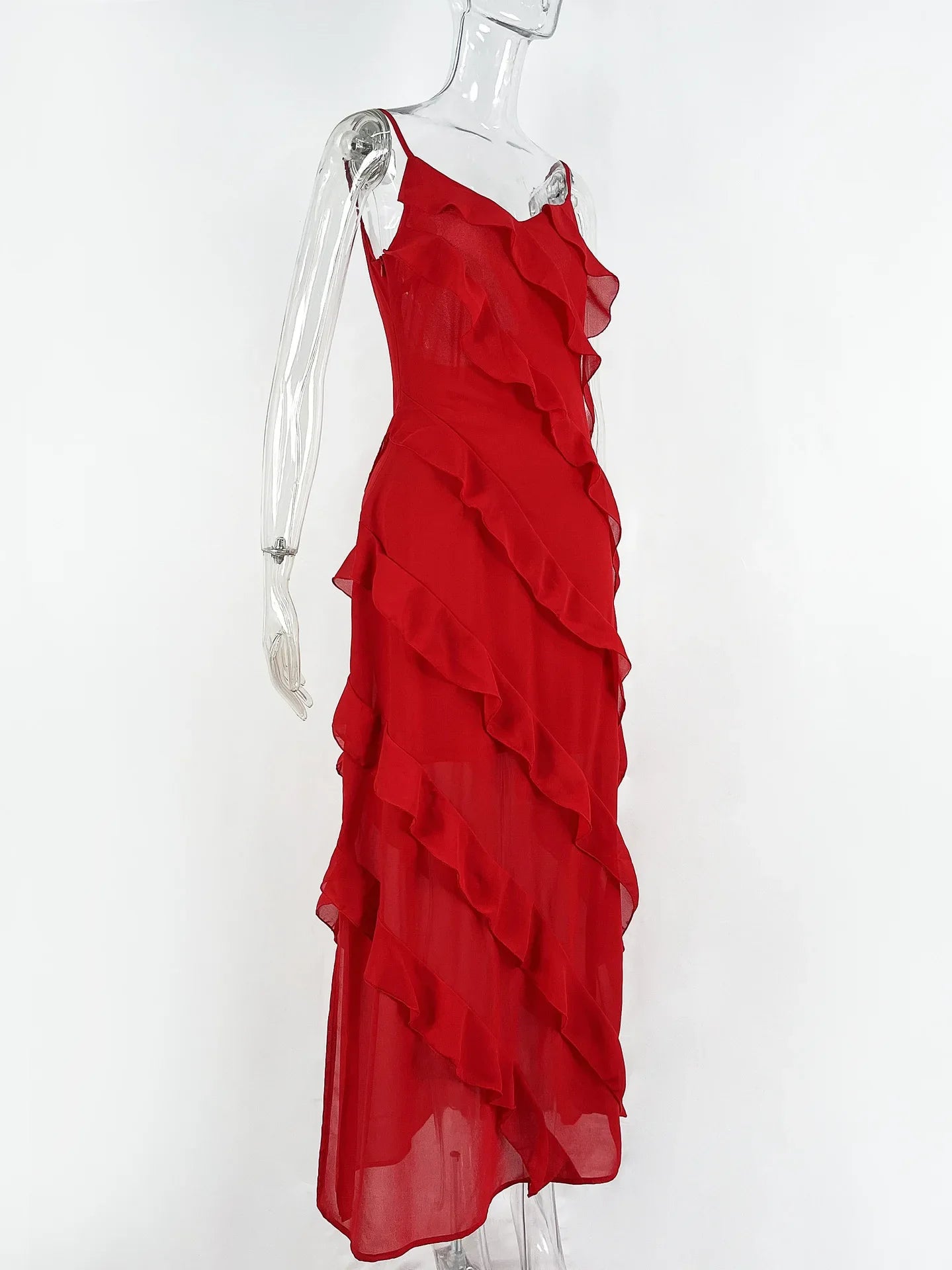 New 2026 Women's Ruffles Chiffon Maxi Dress Backlesss Split Sexy Porm Dress Red Long Summer Wedding Party Dress Elegant Vestidos