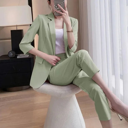 Korean Office Lady Summer Work Thin Solid Slim Blazers Pants Two Piece Set Women's Proffession Uniform Coat Trousers Outfits