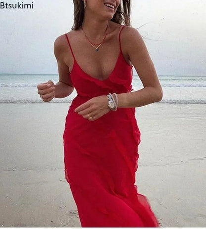 New 2026 Women's Ruffles Chiffon Maxi Dress Backlesss Split Sexy Porm Dress Red Long Summer Wedding Party Dress Elegant Vestidos