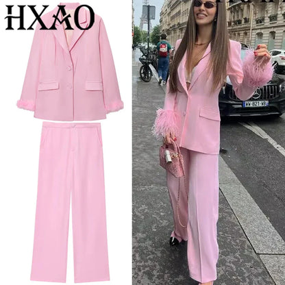 HXAO Feather Blazer And Pants Sets Women's Two Pieces Set Formal Pink Suit Woman Office Wear 2 Piece Sets Ladies Blazer Sets
