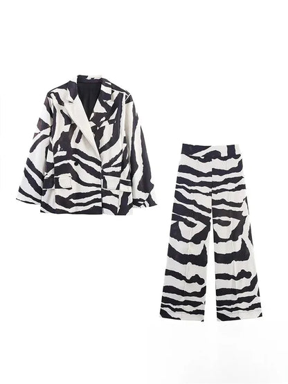 KONDALA Vintage Zebra Print Women Suits V Neck Oversized Long Blazer High Waist Wide Leg Pants Fashion 2025 Fall Streetwear Suit