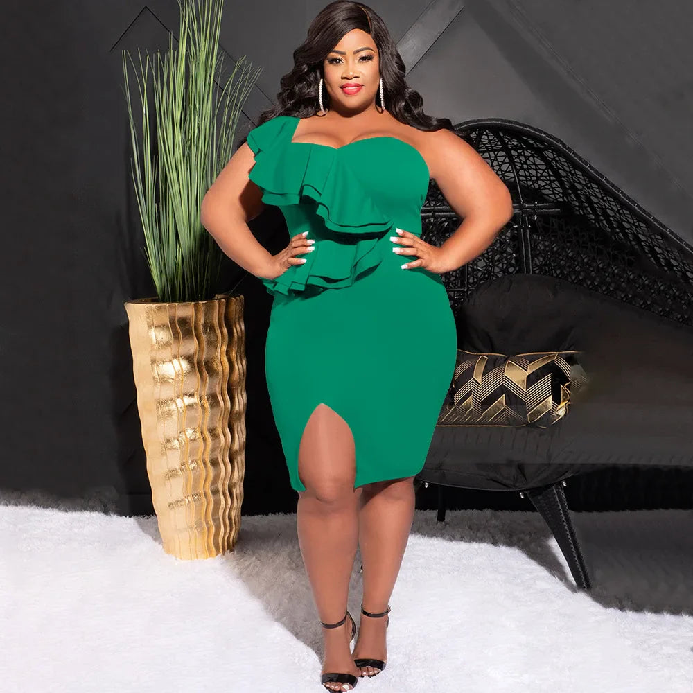 CM.YAYA Plus Size Women Ruffles Shoulder Sleeveless Bodycon Midi Dress 2023 Fashion INS Curve Sexy Party Club Dresses Vestidos