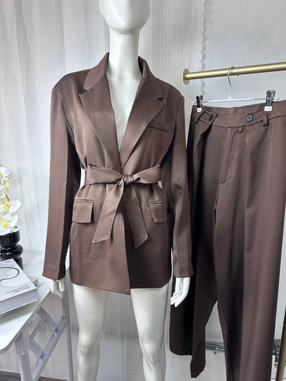 KONDALA 2026 Spring Office Lady Elegant Brown Women Suit Fashion Casual Sashes Oversized Shrug Blazer Chic Zipper Long Pant
