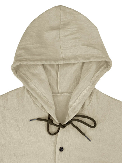 Summer Men's Linen Shirt Solid Streetwear Long Sleeve Hoodie Cardigan Clothing For Men Button Tops Casual Loose Men Hooded Shirt