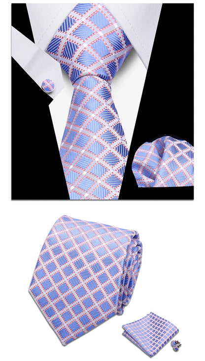 Classic Elegant Ties For Men Fashion Gifts Striped Solid Necktie Handchief Cufflink 3 Pcs Set Wedding Business Suit Accessories