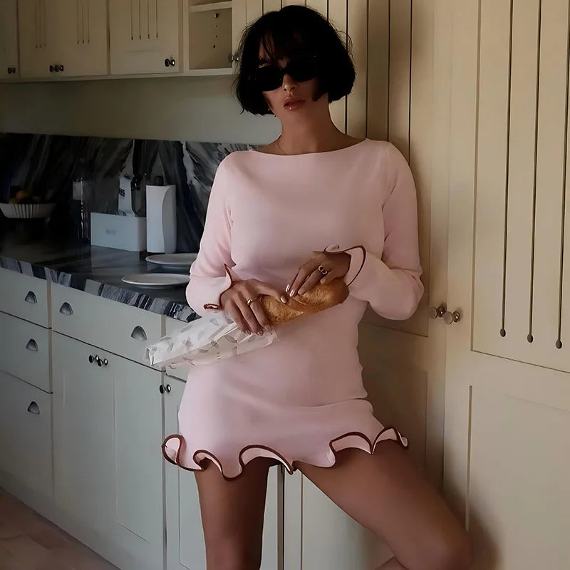 Sexy Pleated Ruffled Mini Dress Women Fashion Solid Puffed Long Sleeves Round Neck Loose Dresses 2026 Lady Evening Party Vestido