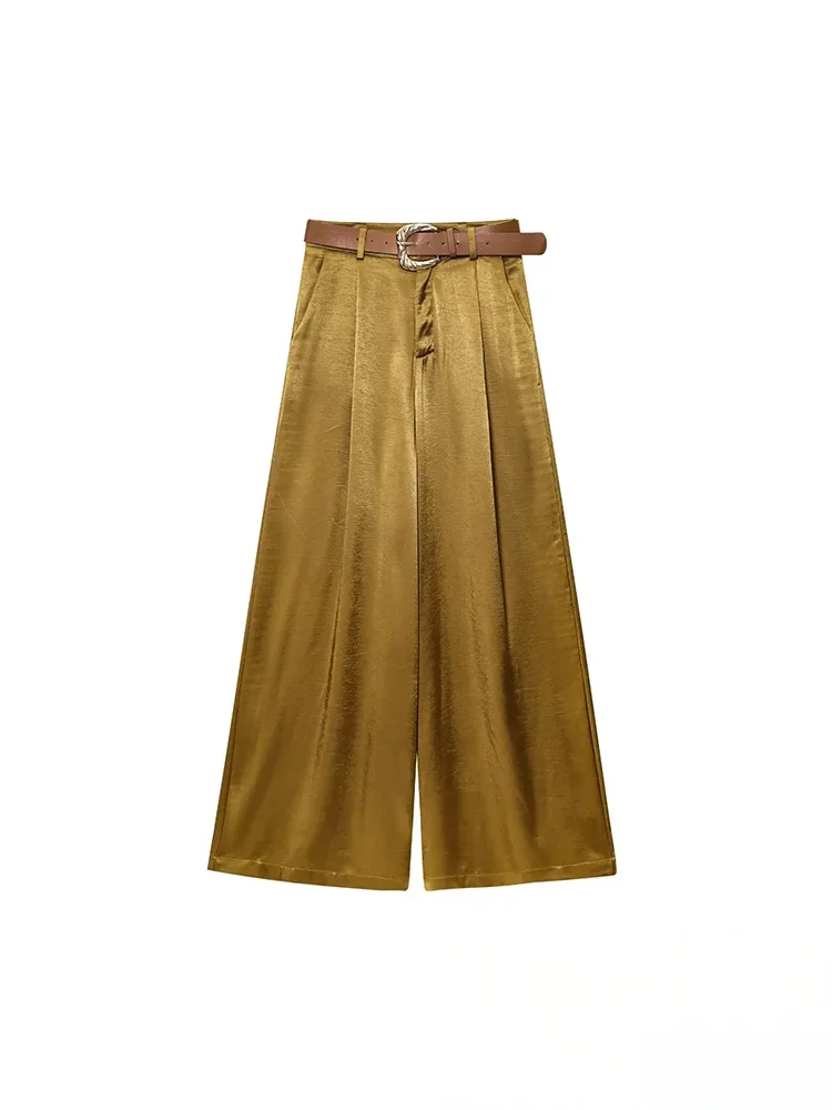 KONDALA Casual Chic Yellow Satin Women Suits V Neck Buttons Vest High Waist Wide Leg Pants Fashion 2025 Summer Holiday Suits