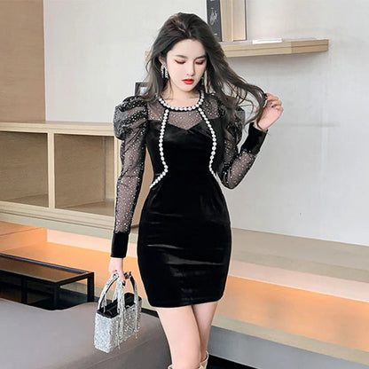 Spring Women Mini Dress French Court Retro Black Mesh Patcchwork Appliques Flower Puff Long Sleeve Bag Hip Vestidos Para Mujer