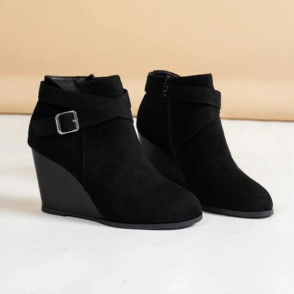 Black Wedge Heel Modern Boots Suede Side Zip Ankle Boots Women Winter Boot Buckle Shoes Botas Mujer Botines Big Size High Heels