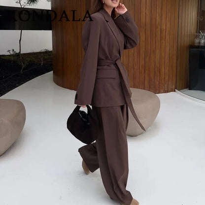 KONDALA 2026 Spring Office Lady Elegant Brown Women Suit Fashion Casual Sashes Oversized Shrug Blazer Chic Zipper Long Pant