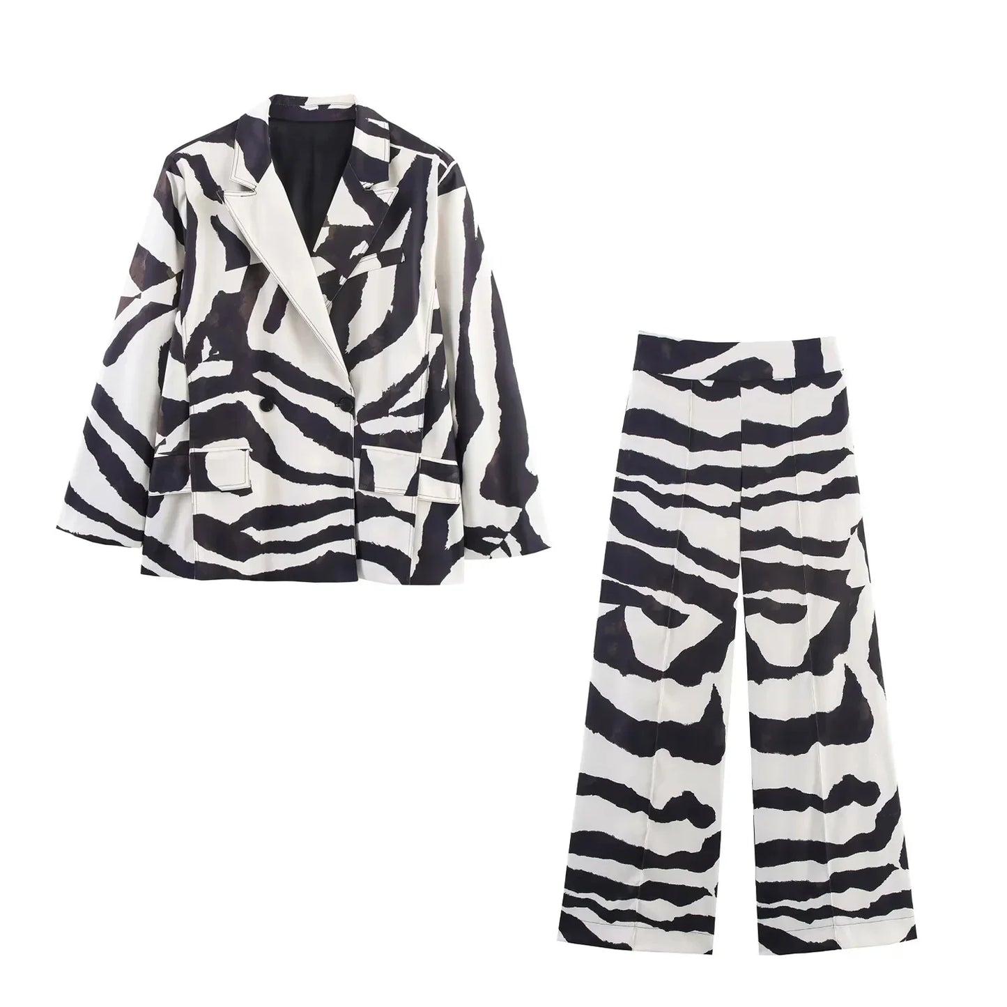 KONDALA Vintage Zebra Print Women Suits V Neck Oversized Long Blazer High Waist Wide Leg Pants Fashion 2025 Fall Streetwear Suit