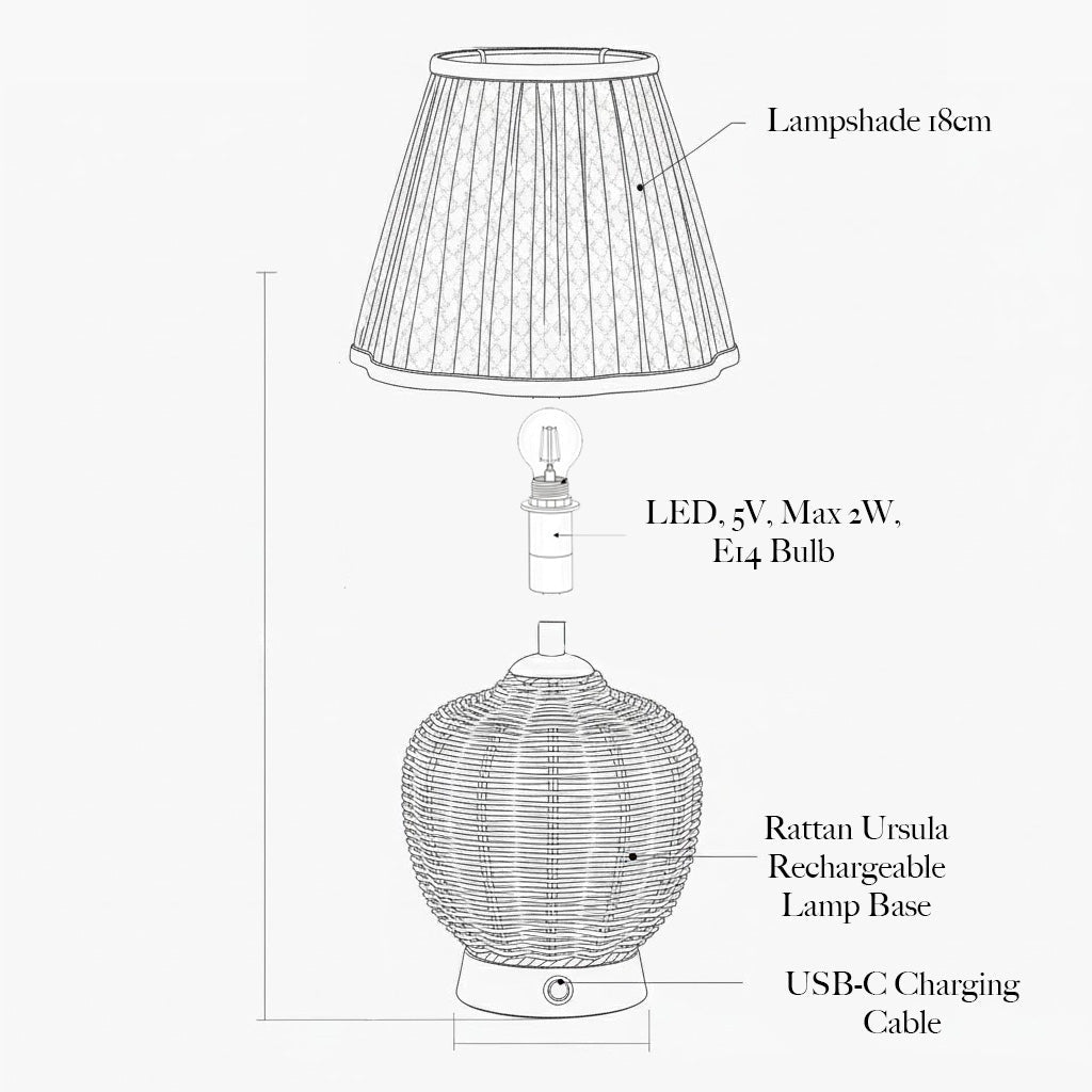 Rattan Ursula Rechargeable Lamp with Putty & Green Ikat Shade (18cm)