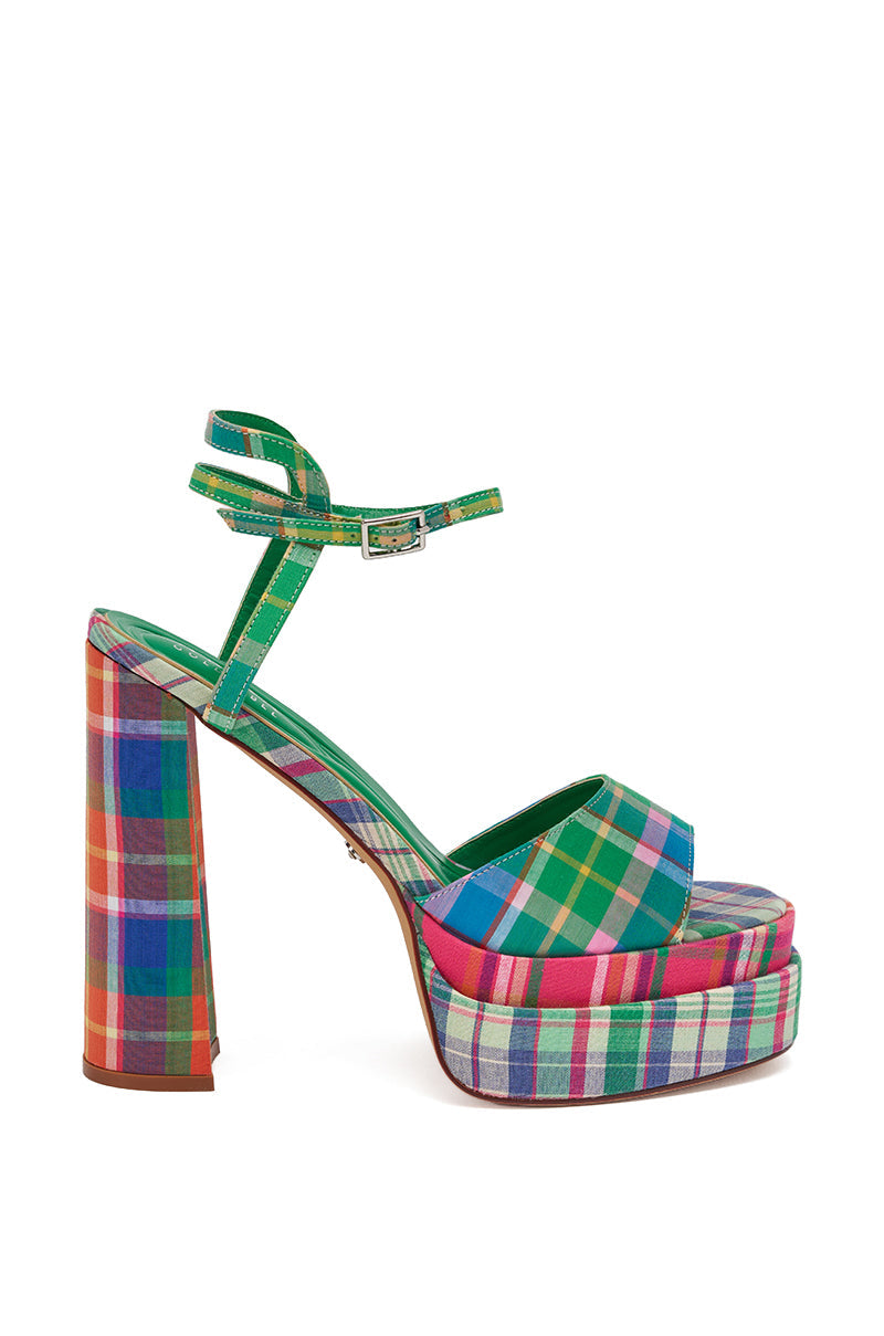 AKIRA GOLD WANDELLA GREEN PLAID PLATFORM SANDAL