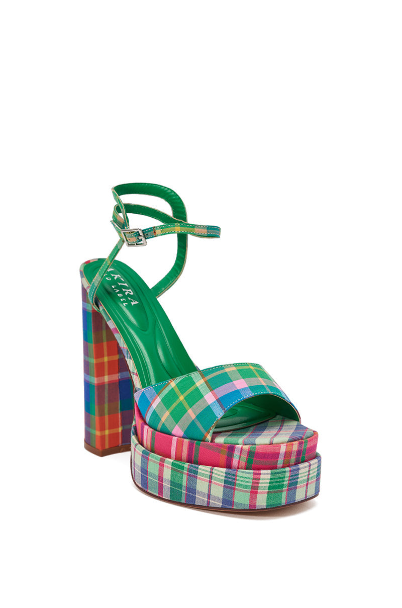AKIRA GOLD WANDELLA GREEN PLAID PLATFORM SANDAL