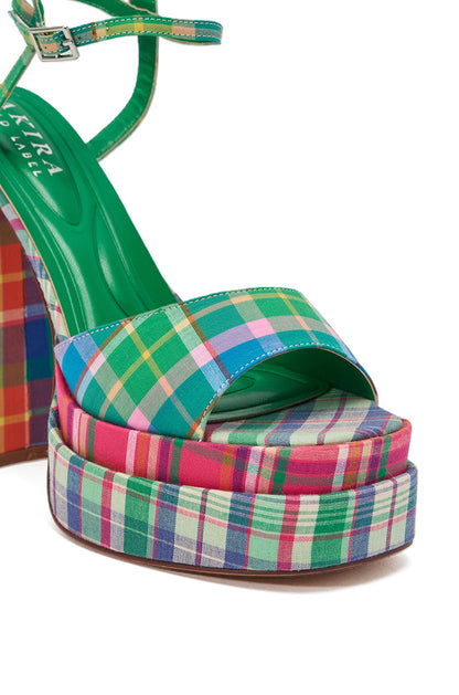 AKIRA GOLD WANDELLA GREEN PLAID PLATFORM SANDAL