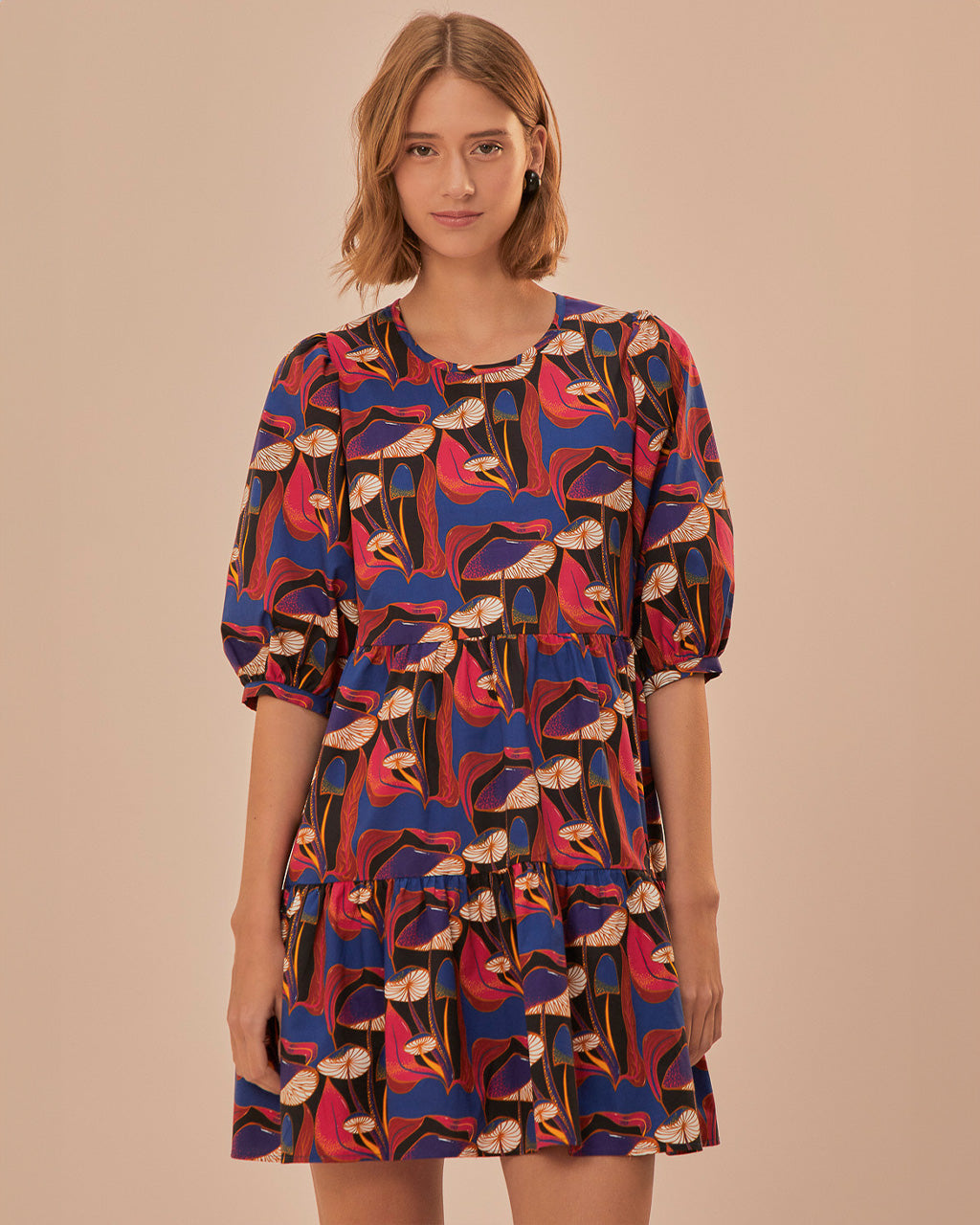 Black Wild Mushrooms Puff Sleeve Mini Dress