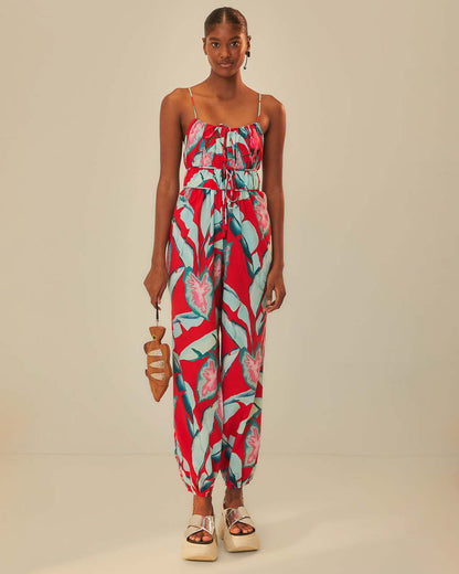 Red Summer Foliage Organic Cotton Jumpsuit