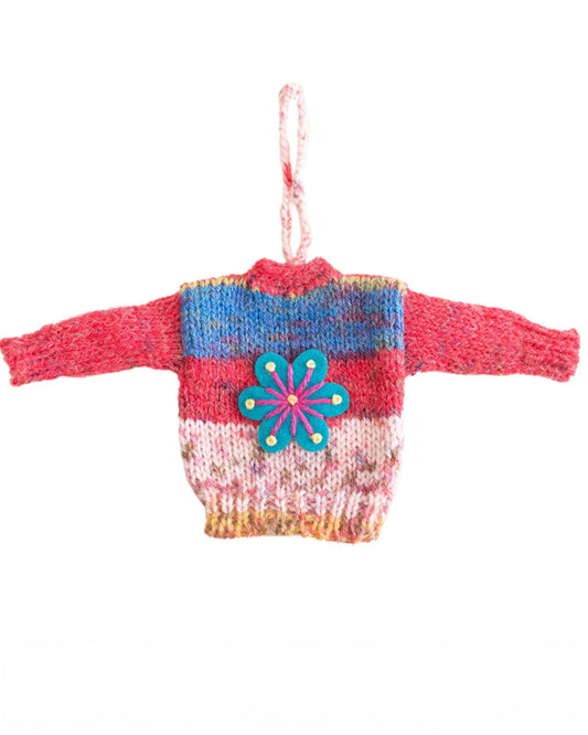 Knit Sweater Ornament - Blue Flower