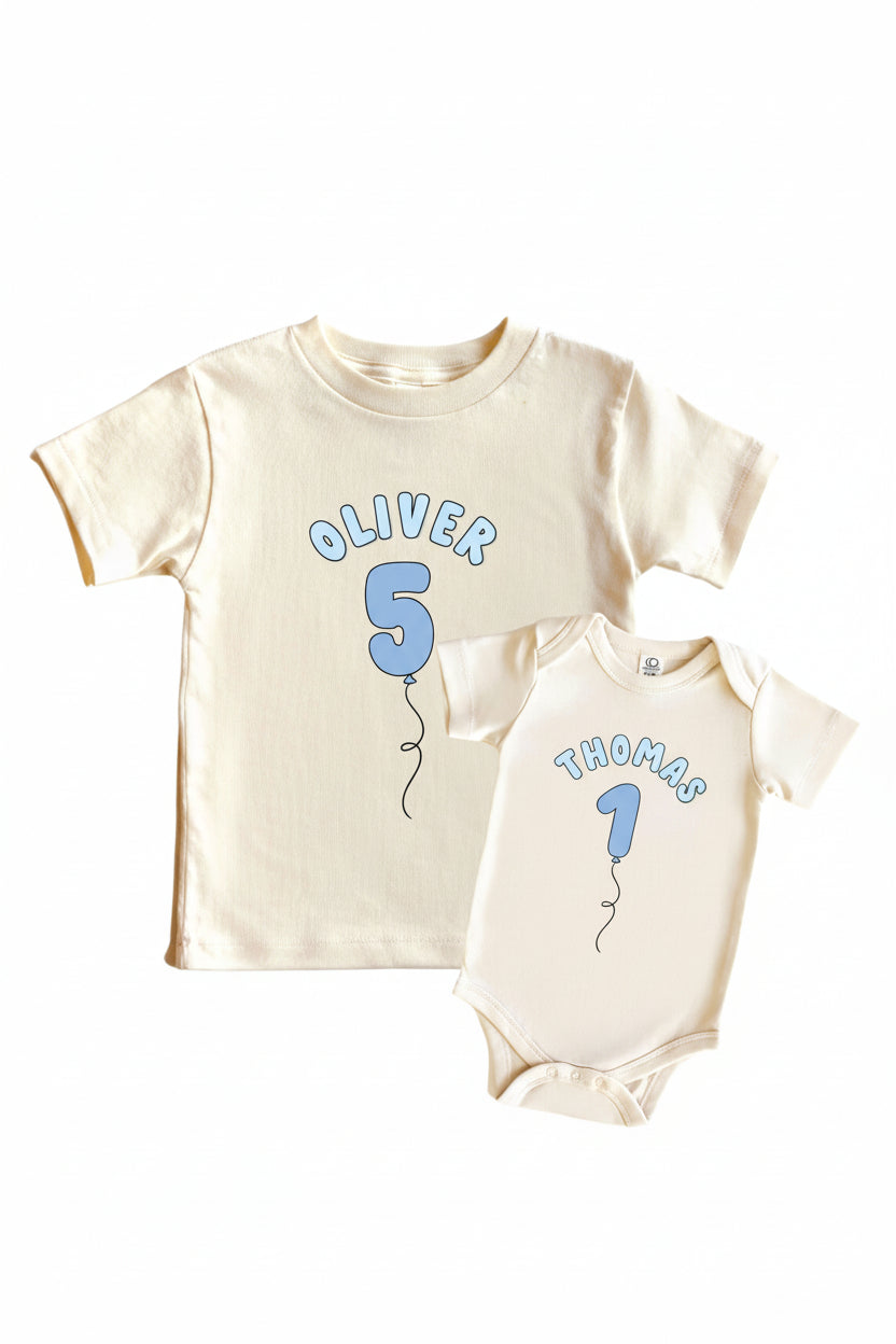Personalized Blue Birthday Graphic Bodysuit & Kids Tee | Natural