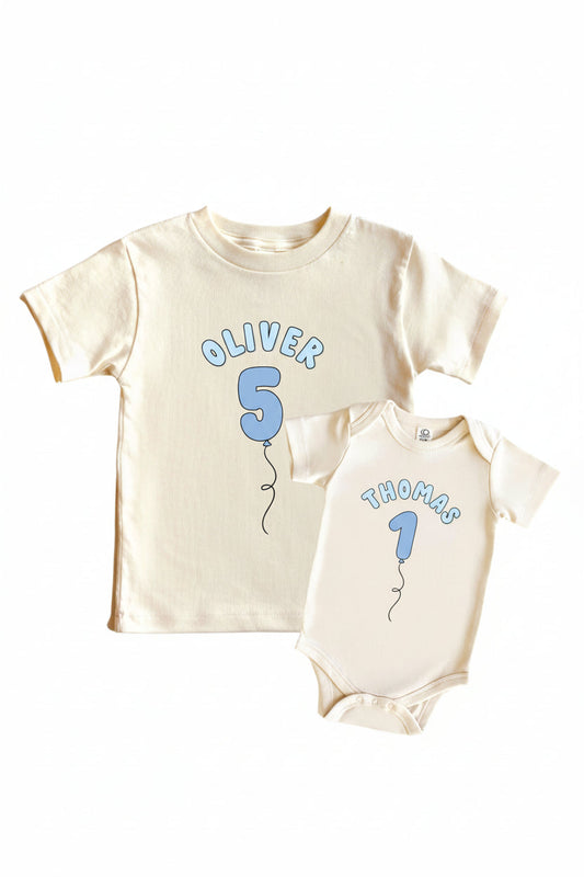 Personalized Blue Birthday Graphic Bodysuit & Kids Tee | Natural