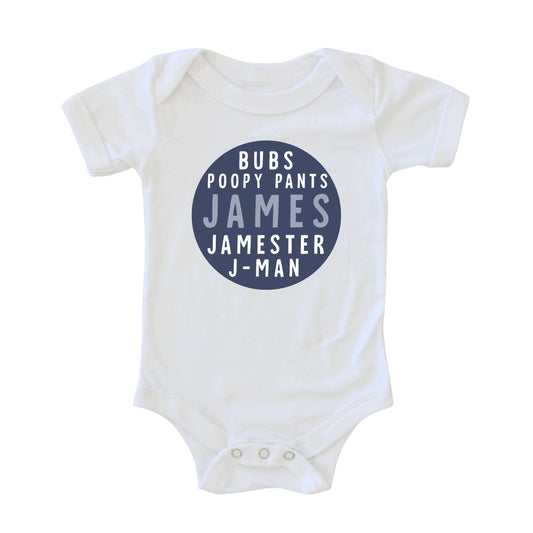 Personalized Blue Circle Name Graphic Bodysuit | White