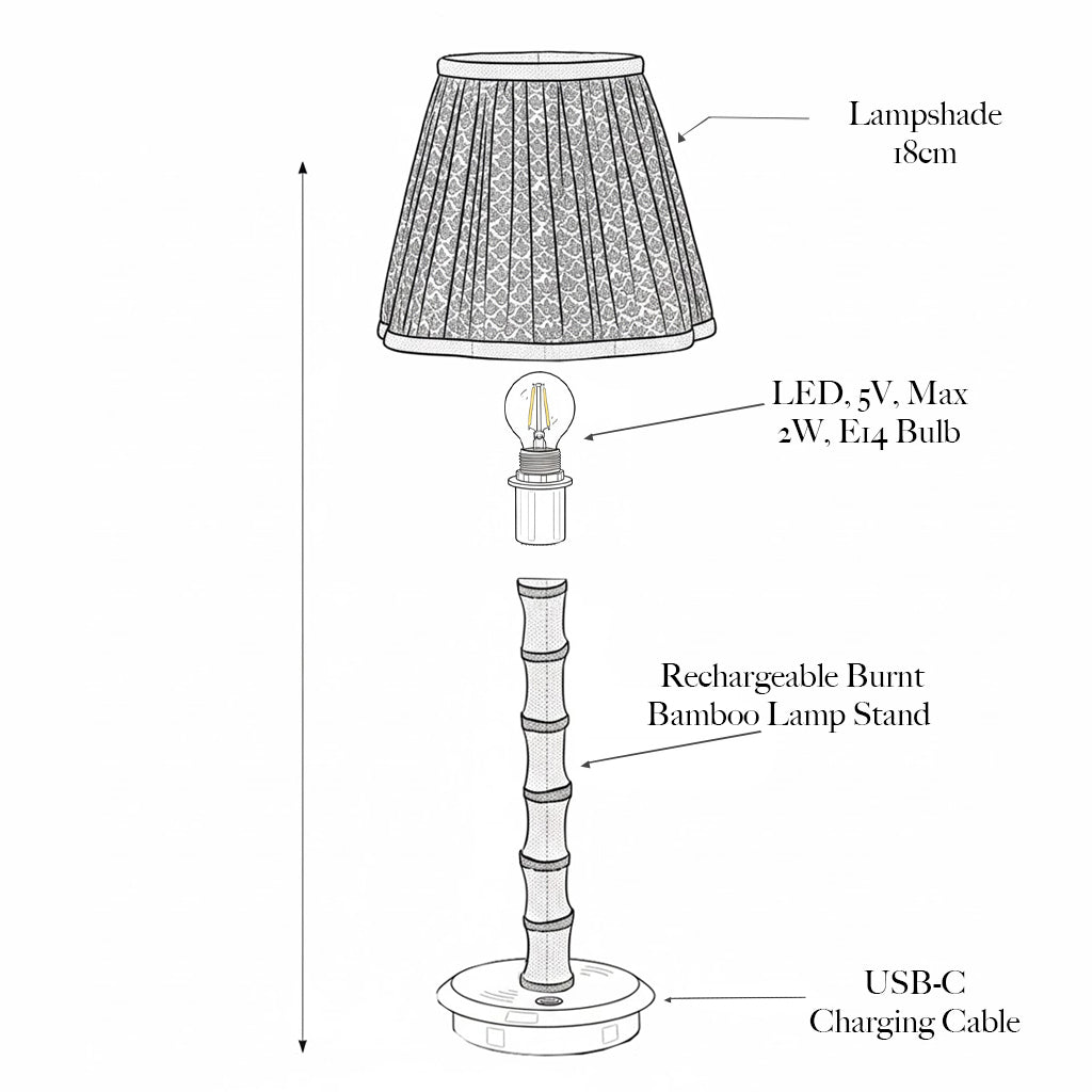 Burnt Bamboo Rechargeable Lamp with Chocolate Ikat Shade (18cm)