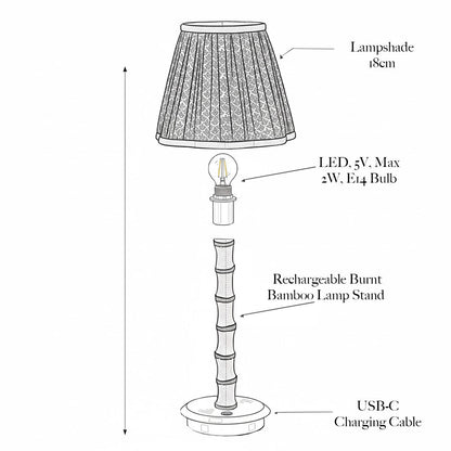 Burnt Bamboo Rechargeable Lamp with Chocolate Ikat Shade (18cm)