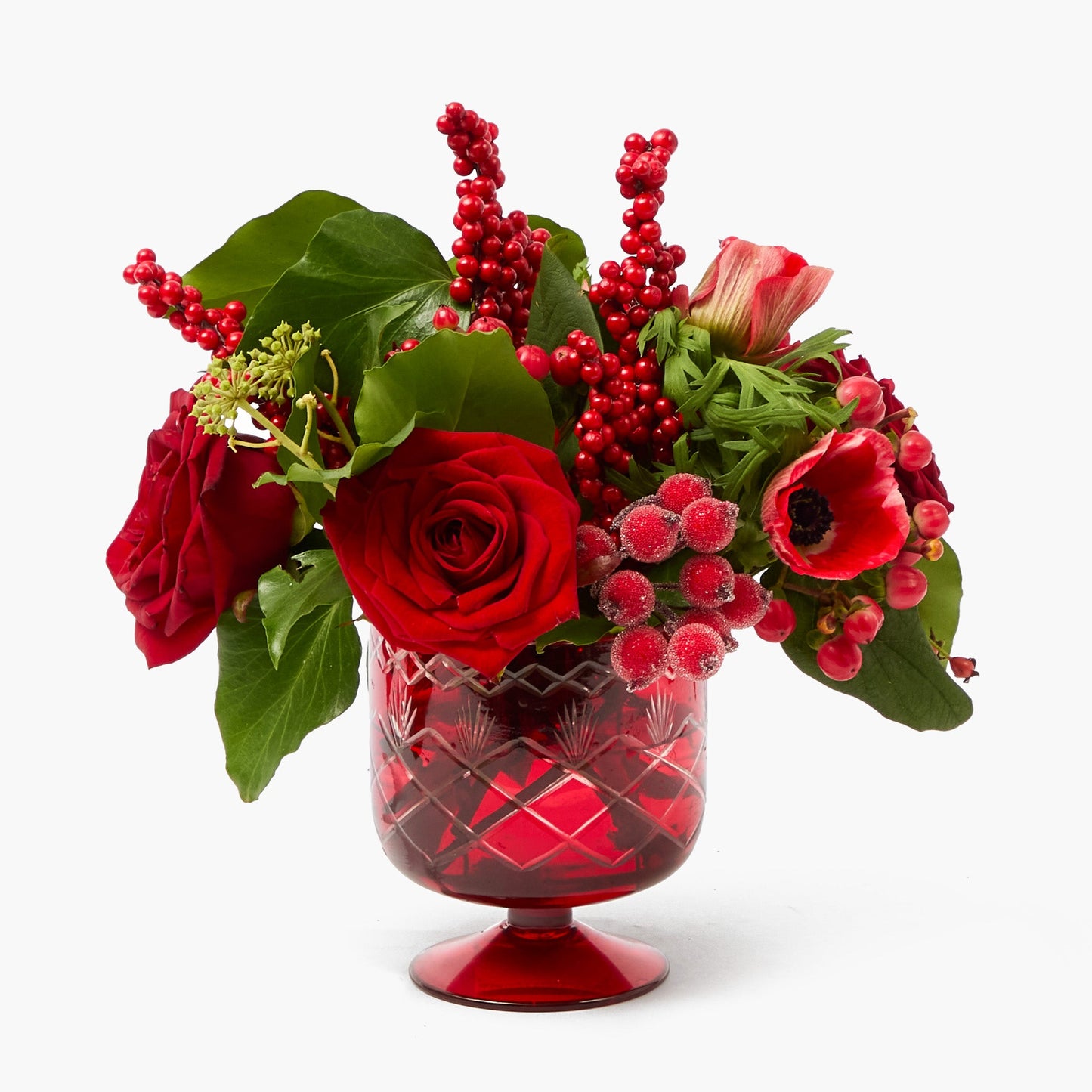 Small Red Engraved Glass Footed Bowl (Pair)