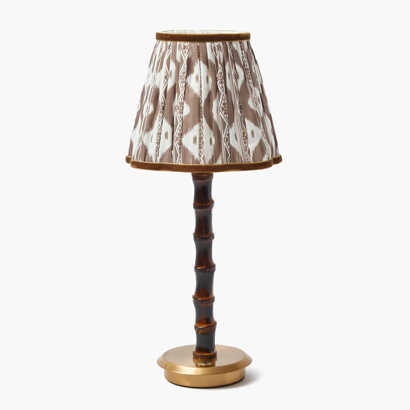 Burnt Bamboo Rechargeable Lamp with Chocolate Ikat Shade (18cm)