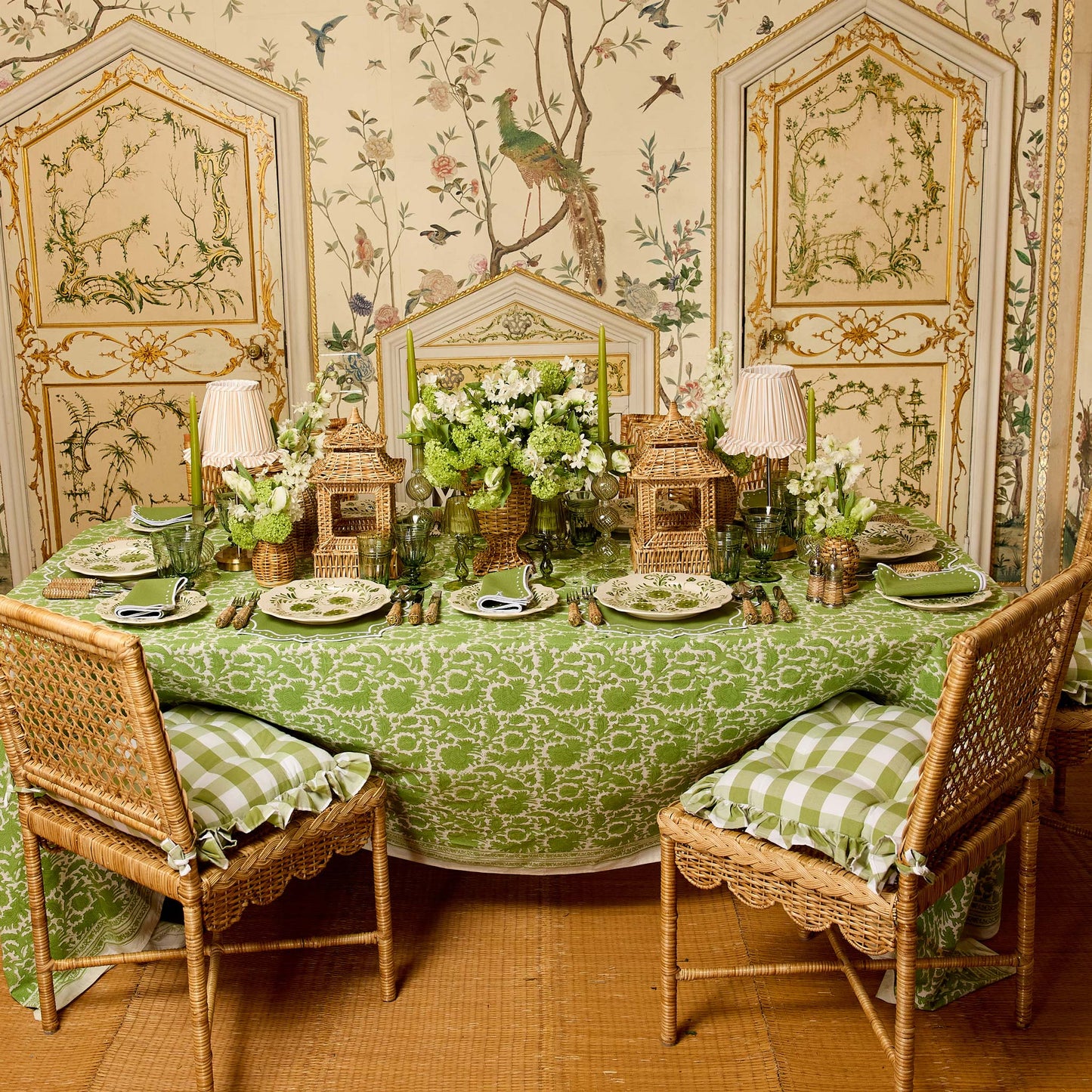 Green Gingham Ruffle Seat Pad Cushions (Set of 4)