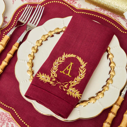 Burgundy Linen Placemats & Gold Bow Garland Napkins (Set of 4)