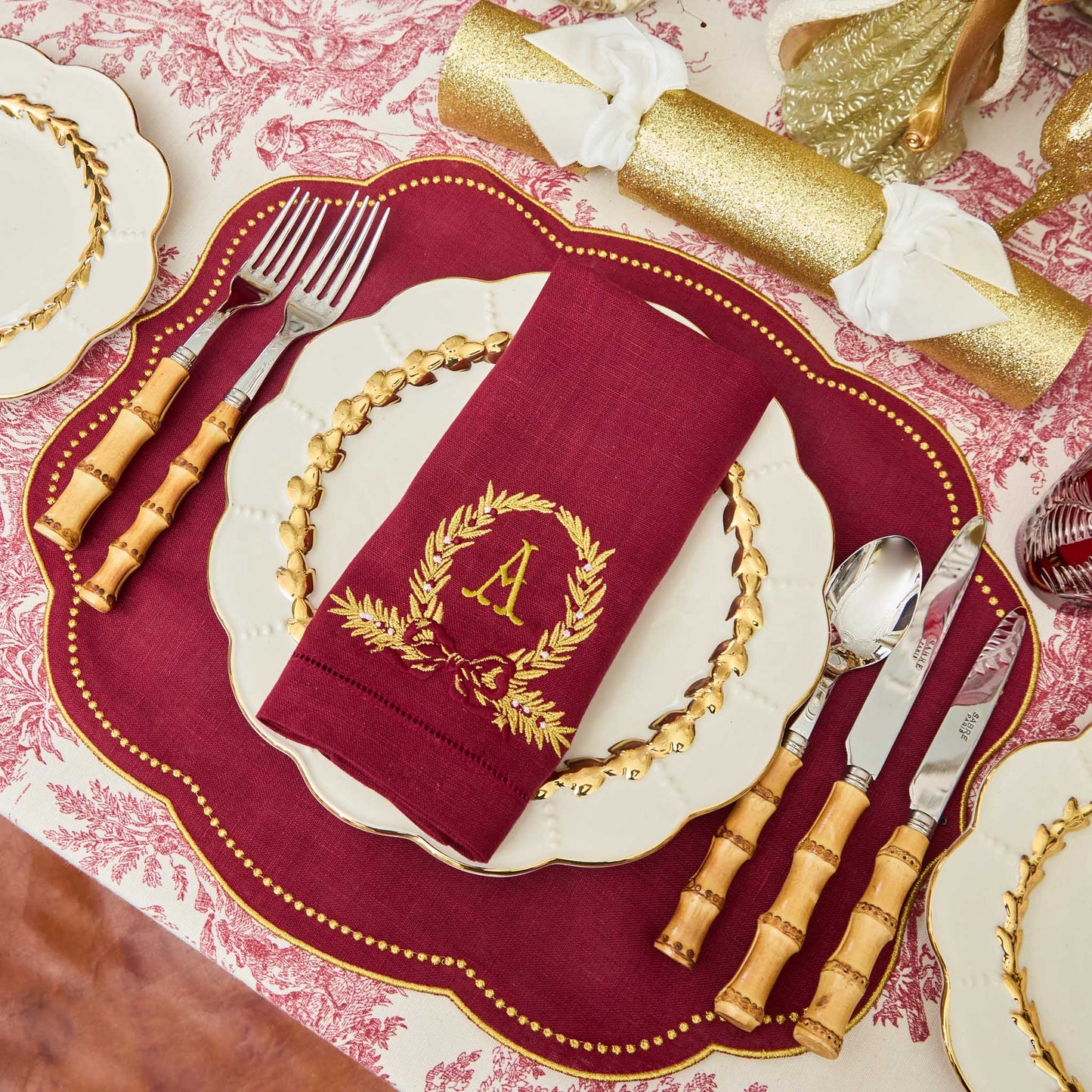 Burgundy Linen Placemats & Gold Bow Garland Napkins (Set of 4)