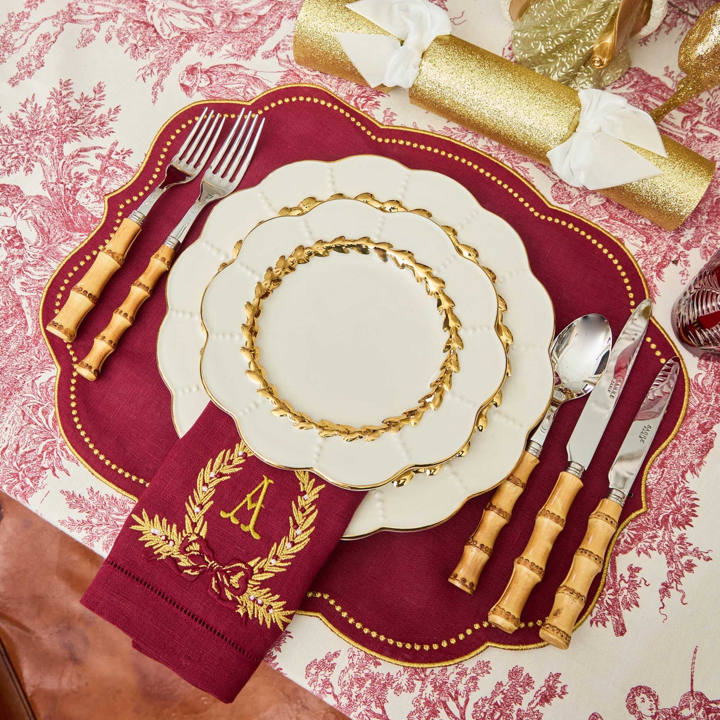 Burgundy Linen Placemats & Gold Bow Garland Napkins (Set of 4)