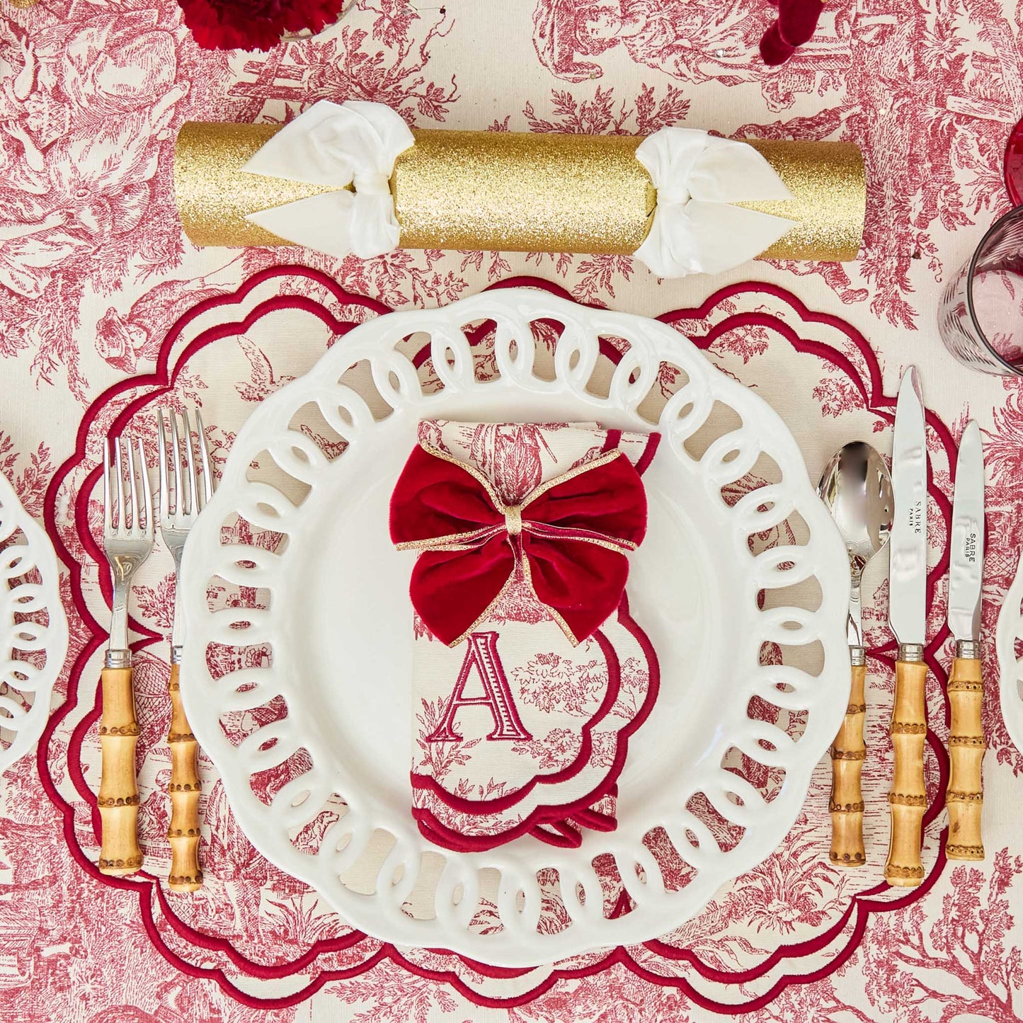 Red Gold Trimmed Velvet Napkin Bows (Set of 4)