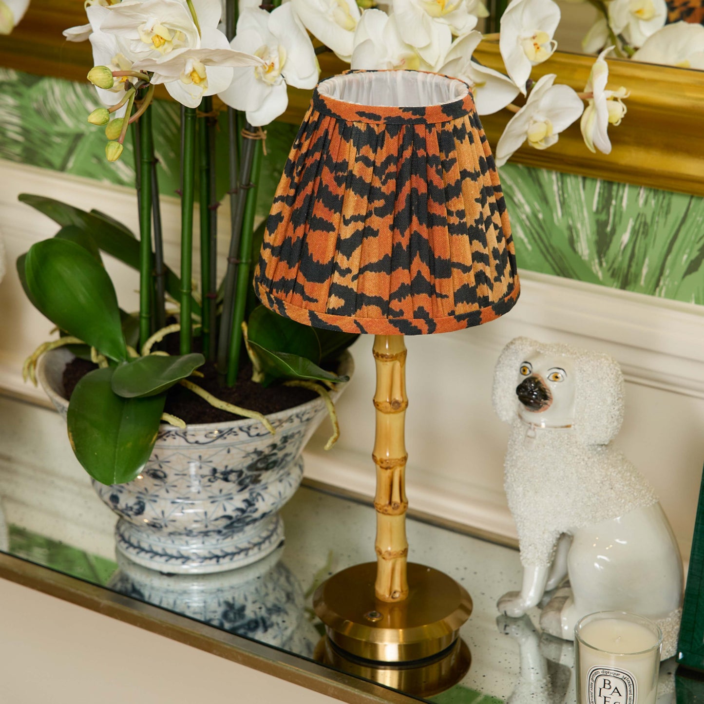 Bamboo Rechargeable Lamp with Tiger Print Shade (18cm)