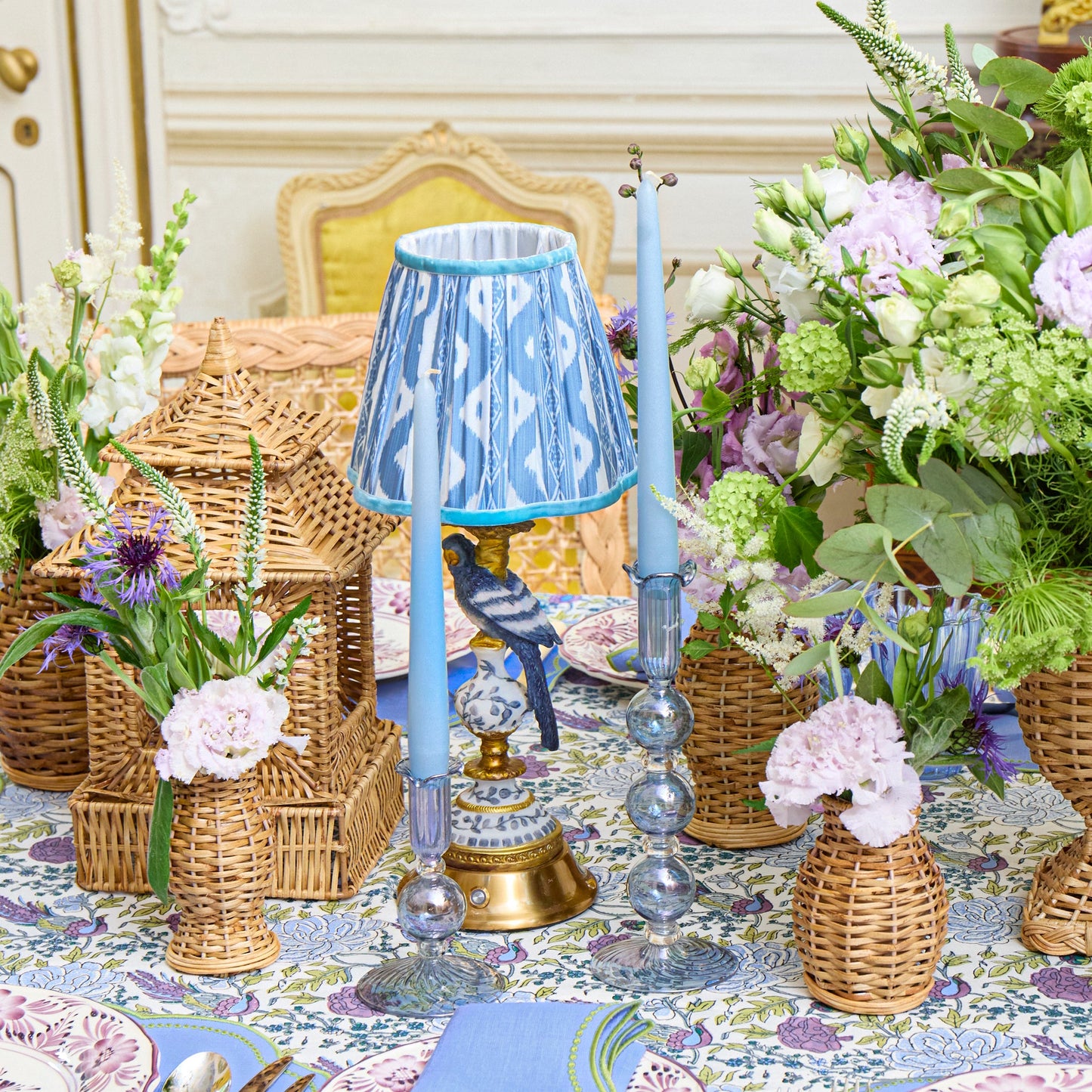 Blue Parrot Rechargeable Lamp with Blue Ikat Shade (18cm)