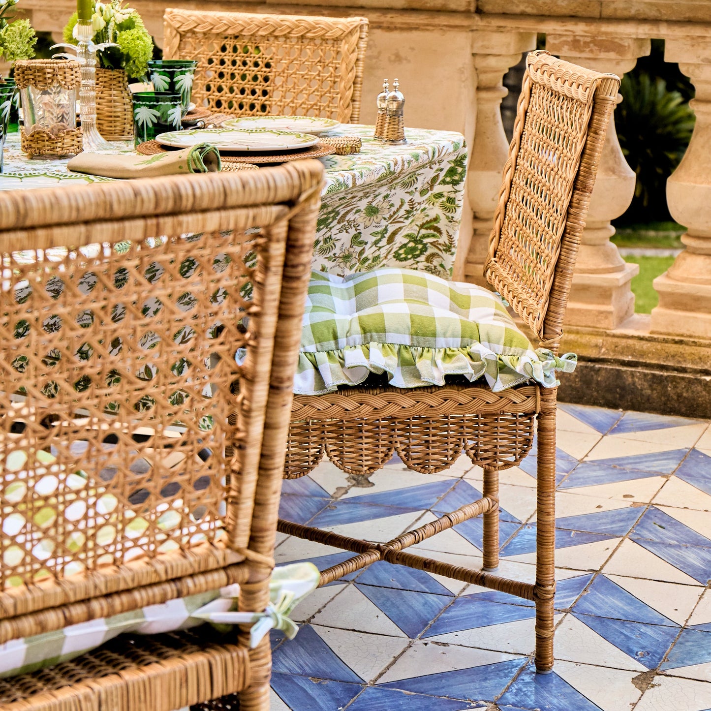 Green Gingham Ruffle Seat Pad Cushions (Set of 4)