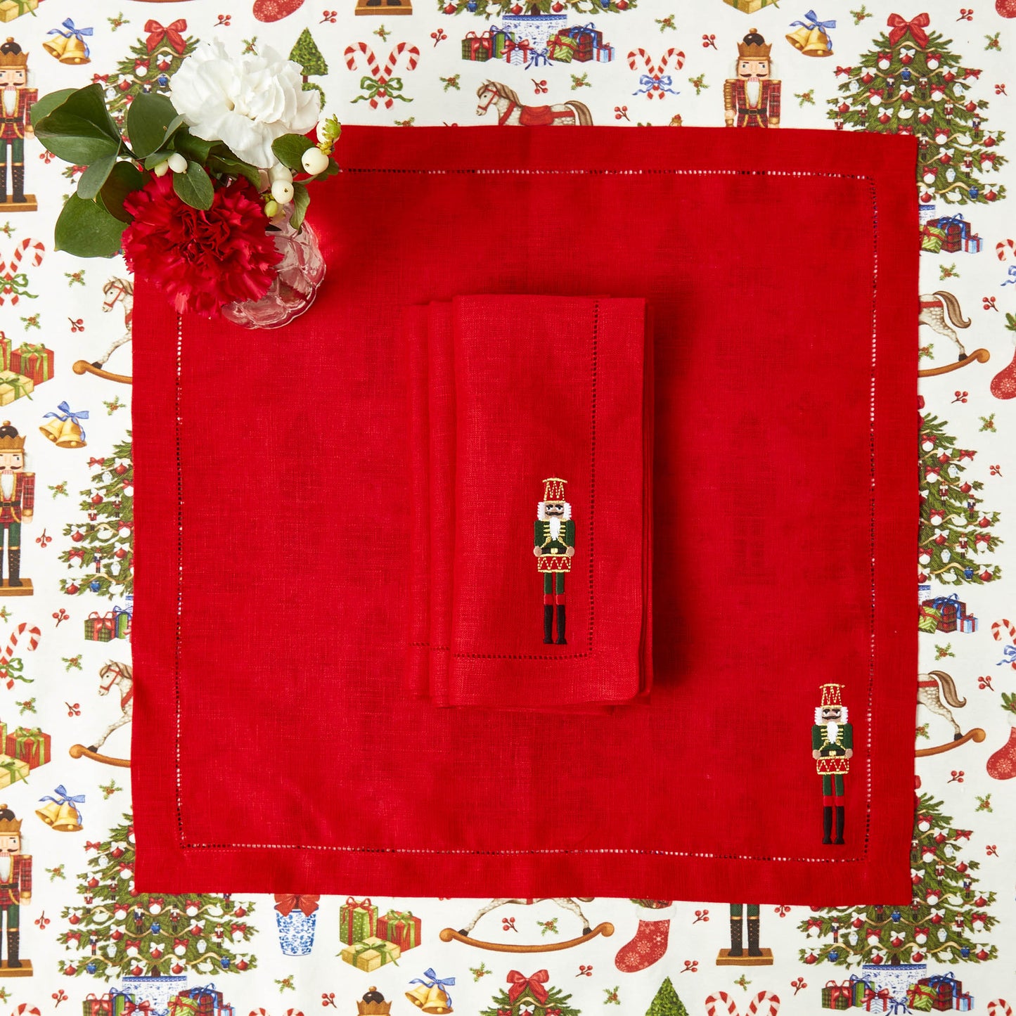Red Nutcracker Embroidered Linen Napkins (Set of 4)