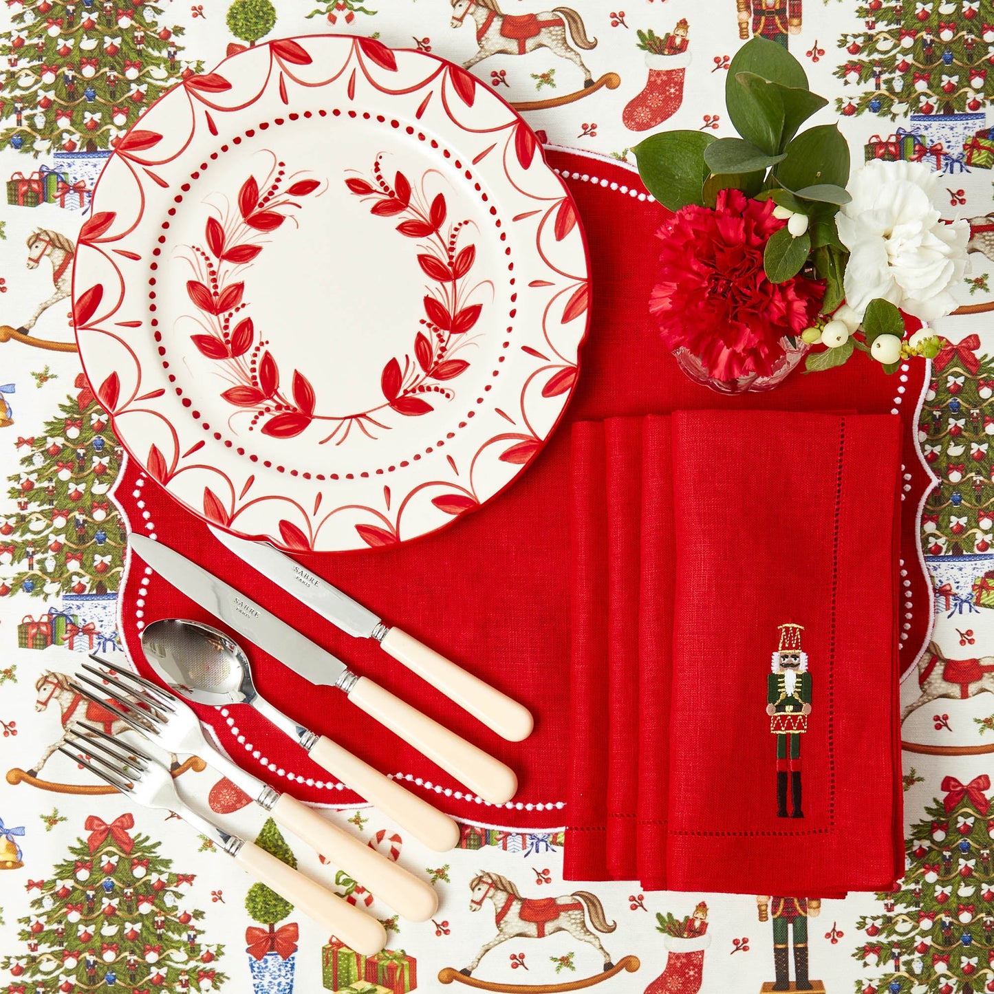 Red Nutcracker Embroidered Linen Napkins (Set of 4)