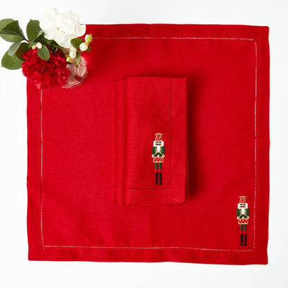 Red Nutcracker Embroidered Linen Napkins (Set of 4)