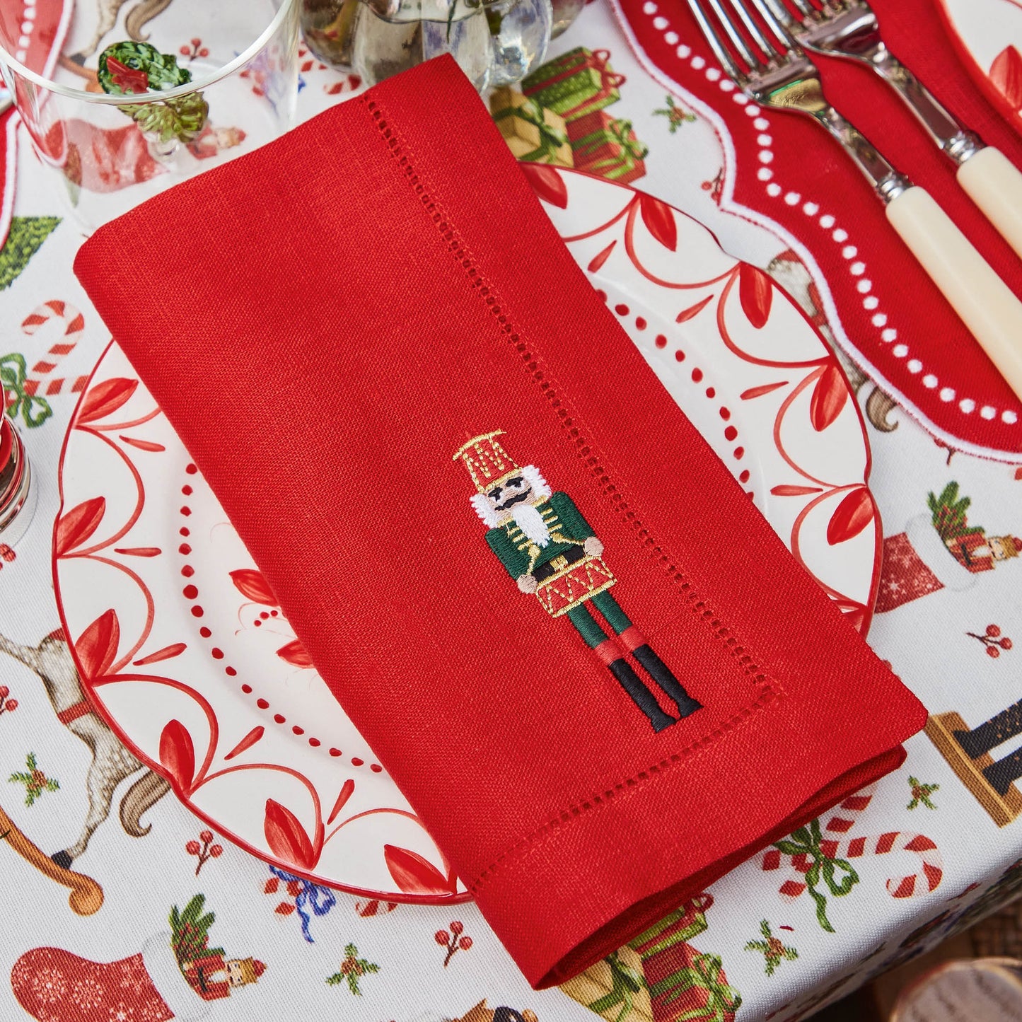 Red Nutcracker Embroidered Linen Napkins (Set of 4)