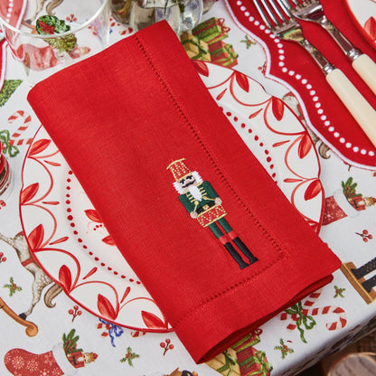 Red Nutcracker Embroidered Linen Napkins (Set of 4)