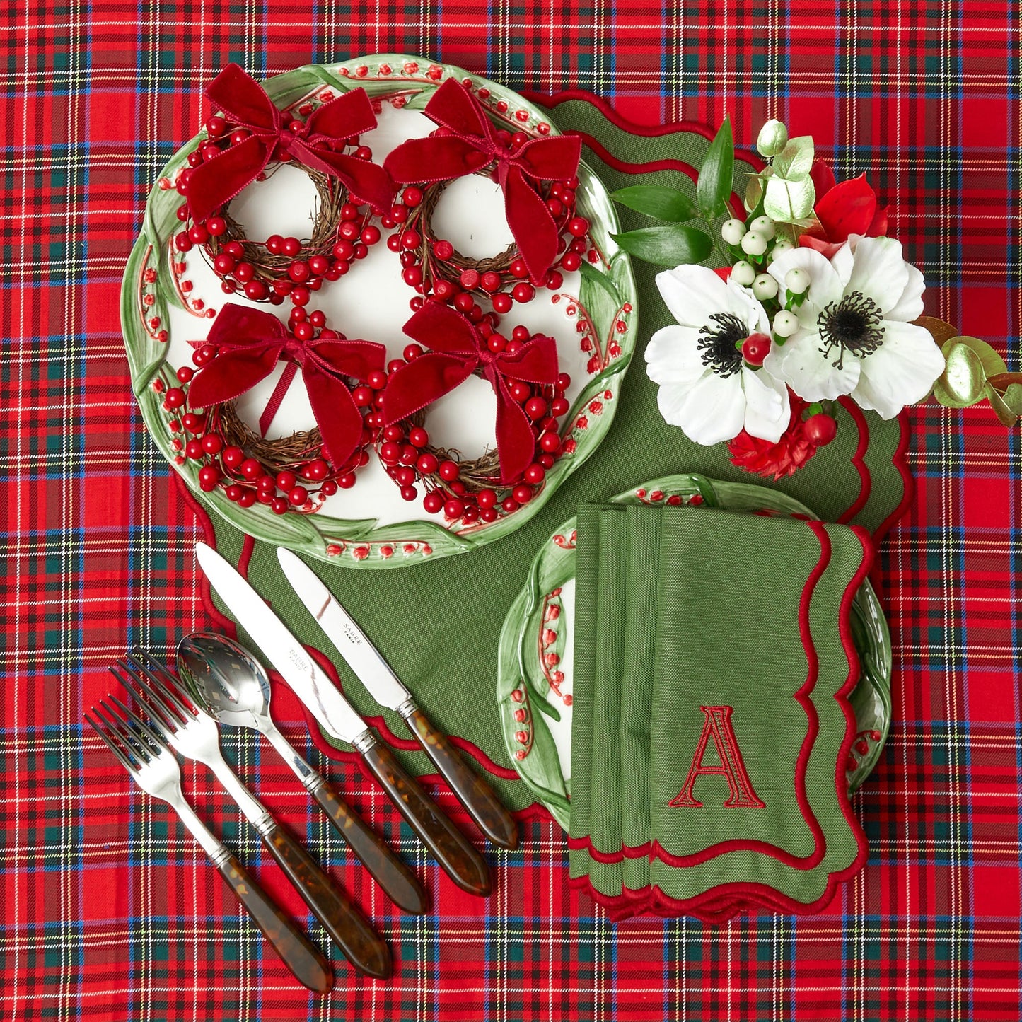 Green & Red Katherine Placemats & Napkins (Set of 4)