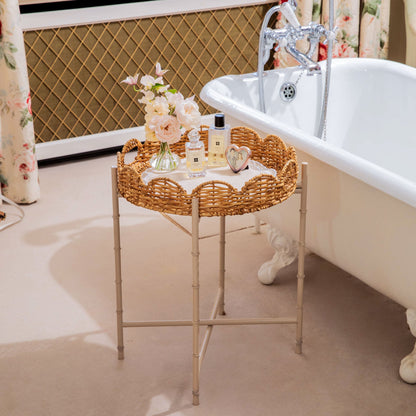 Round Scalloped Rattan Tray With Stand