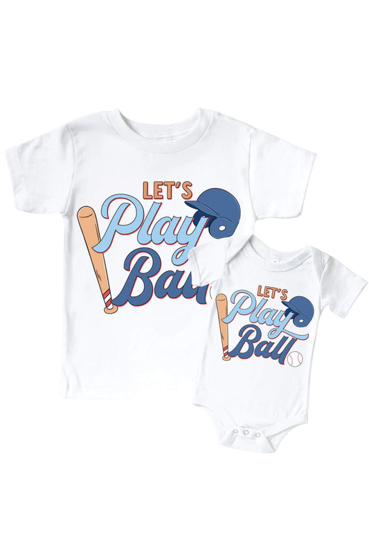 Let's Play Ball Blue Graphic Bodysuit & Kids Tee | White