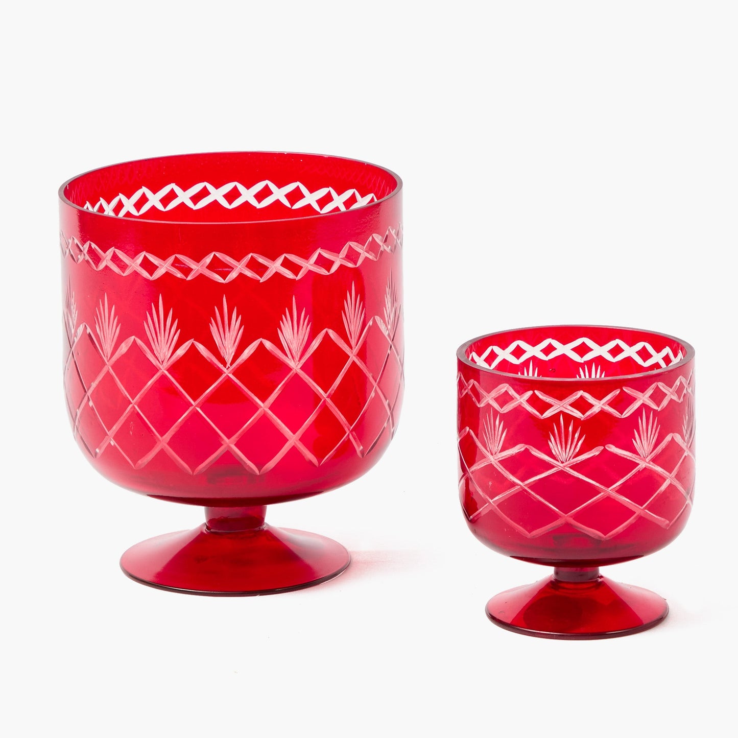 Small Red Engraved Glass Footed Bowl (Pair)