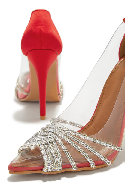 Champagne Toast Embellished Pointed Toe Pumps - Red