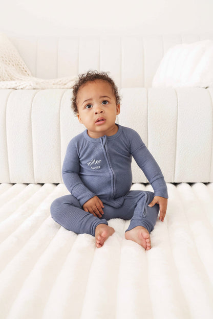 Embroidered Bamboo Waffle Convertible Zip Romper | Lake
