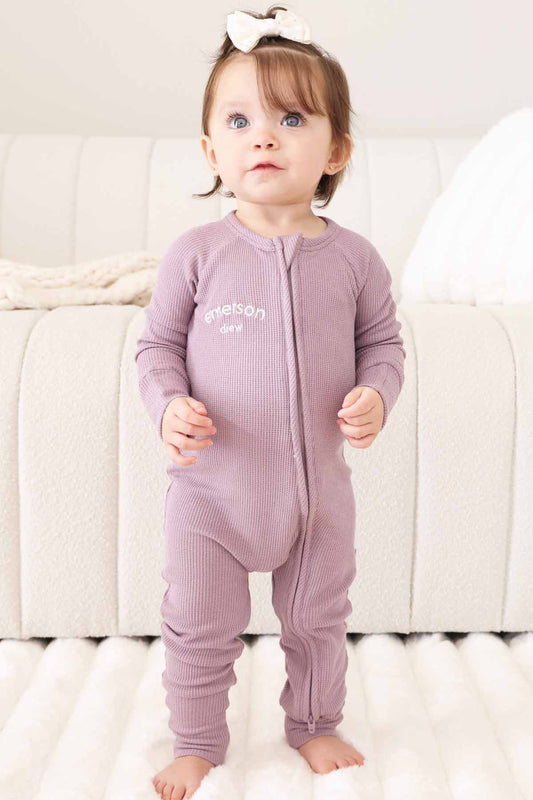 Embroidered Bamboo Waffle Convertible Zip Romper | Amethyst